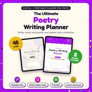 The Ultimate Poetry Writing Planner shown on two tablets in Classic and Pop designs: 45 pages, clickable links, iPad and tablet ready, printable, instant download