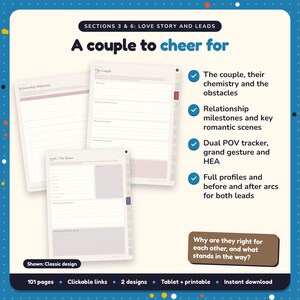 A couple to cheer for: Clean & Wholesome Romance Writing Planner pages. The couple, their chemistry and the obstacles; Relationship milestones and key romantic scenes; Dual POV tracker, grand gesture and HEA