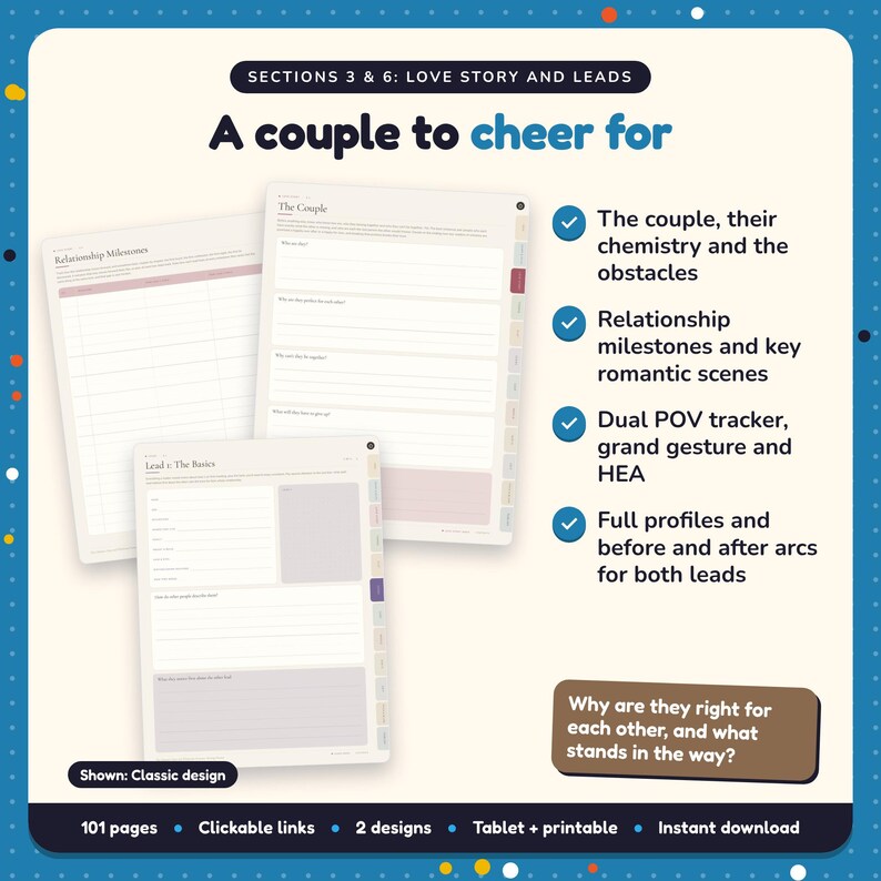 A couple to cheer for: Clean & Wholesome Romance Writing Planner pages. The couple, their chemistry and the obstacles; Relationship milestones and key romantic scenes; Dual POV tracker, grand gesture and HEA