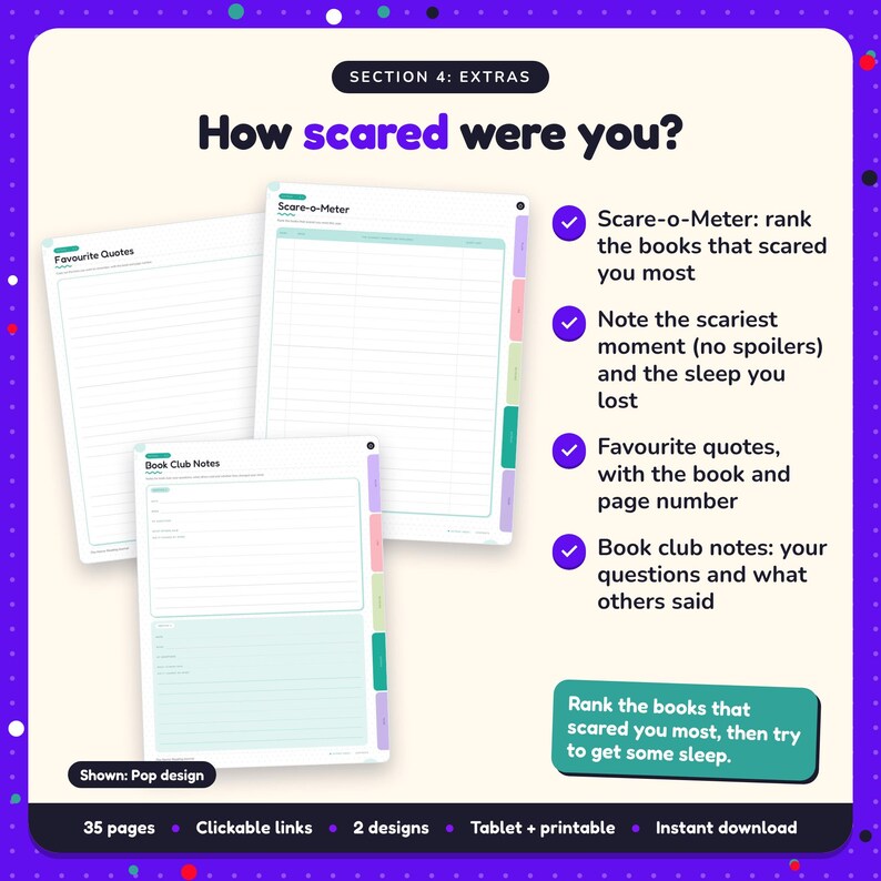 How scared were you?: Horror Reading Journal pages. Scare-o-Meter: rank the books that scared you most; Note the scariest moment (no spoilers) and the sleep you lost; Favourite quotes, with the book and page number