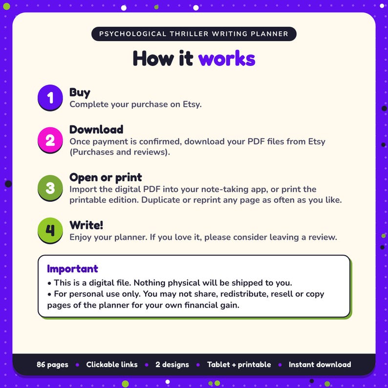 How it works: buy, download the PDF files from Etsy, open in your note-taking app or print. Digital file for personal use, nothing is shipped