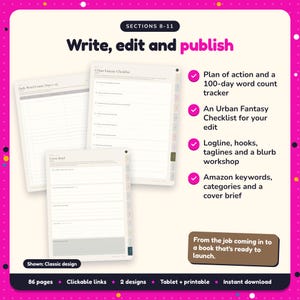 Write, edit and publish: Urban Fantasy Writing Planner pages. Plan of action and a 100-day word count tracker; An Urban Fantasy Checklist for your edit; Logline, hooks, taglines and a blurb workshop