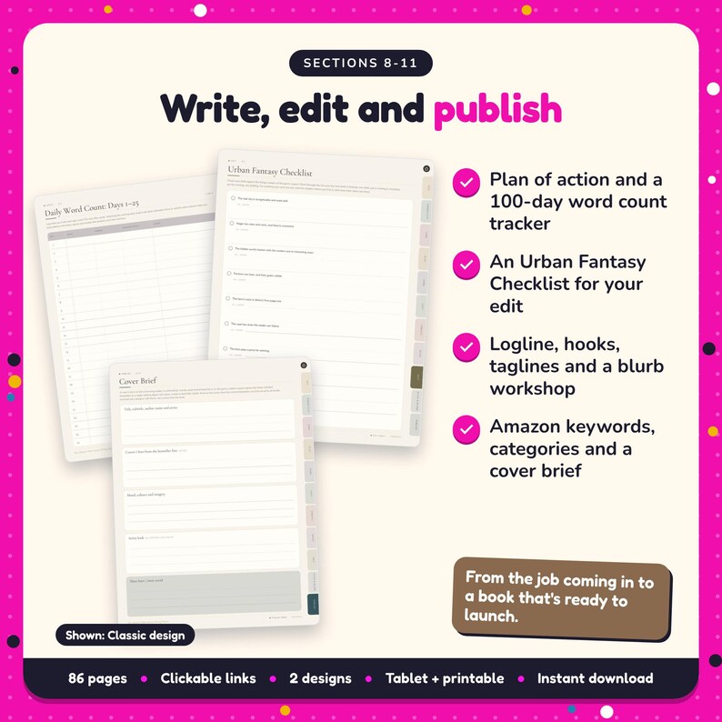 Write, edit and publish: Urban Fantasy Writing Planner pages. Plan of action and a 100-day word count tracker; An Urban Fantasy Checklist for your edit; Logline, hooks, taglines and a blurb workshop