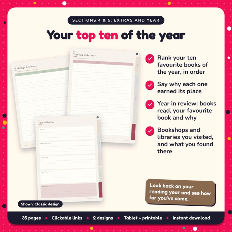 Your top ten of the year: Book Lover's Reading Journal pages. Rank your ten favourite books of the year, in order; Say why each one earned its place; Year in review: books read, your favourite book and why