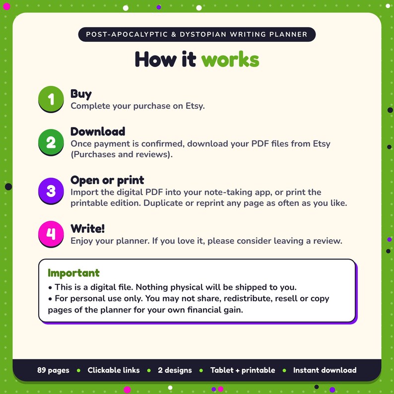 How it works: buy, download the PDF files from Etsy, open in your note-taking app or print. Digital file for personal use, nothing is shipped