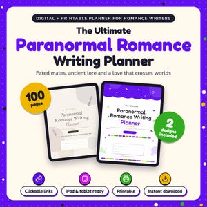 The Ultimate Paranormal Romance Writing Planner shown on two tablets in Classic and Pop designs: 100 pages, clickable links, iPad and tablet ready, printable, instant download