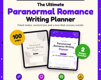 Puede incluir: Un planificador digital e imprimible para escritores de romance titulado The Ultimate Paranormal Romance Writing Planner. Incluye 100 páginas, 2 diseños, enlaces clicables y es apto para tabletas. El texto incluye Fated mates, ancient lore and a love that crosses worlds.