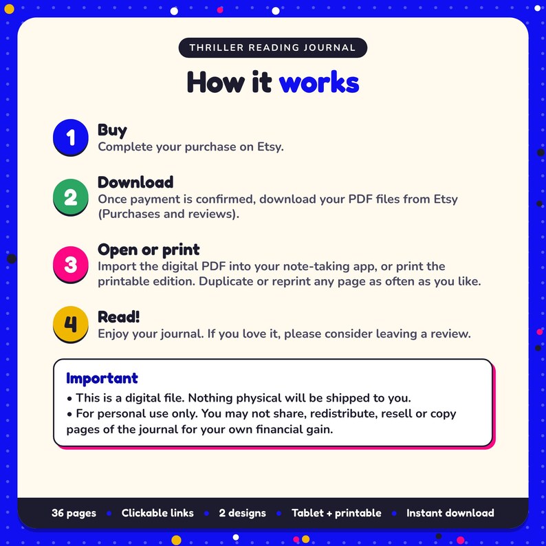 How it works: buy, download the PDF files from Etsy, open in your note-taking app or print. Digital file for personal use, nothing is shipped
