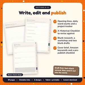 Write, edit and publish: Historical Fiction Writing Planner pages. Opening lines, daily word counts and a project tracker; A Historical Checklist to revise against; Blurb research, a workshop and two blurb drafts