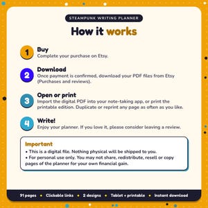 How it works: buy, download the PDF files from Etsy, open in your note-taking app or print. Digital file for personal use, nothing is shipped