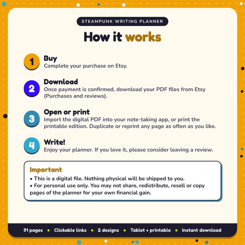 How it works: buy, download the PDF files from Etsy, open in your note-taking app or print. Digital file for personal use, nothing is shipped