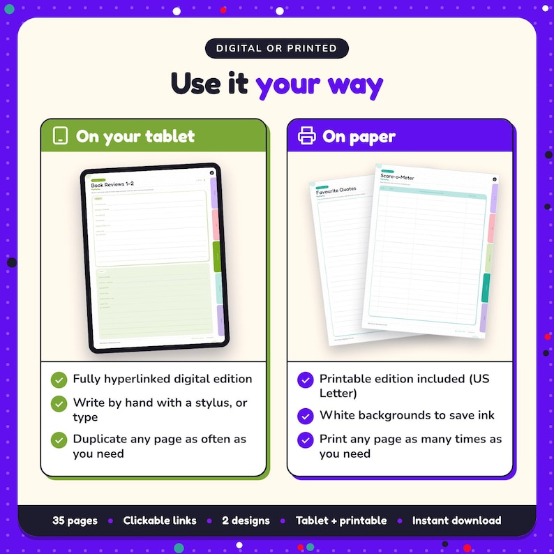 Use the Horror Reading Journal on your tablet as a hyperlinked digital journal, or print the US Letter printable edition