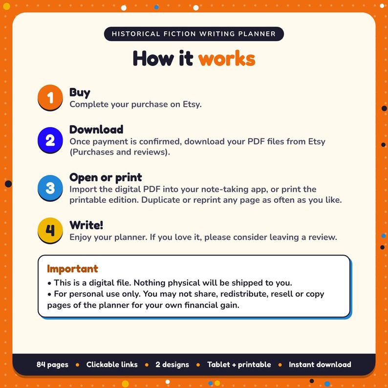How it works: buy, download the PDF files from Etsy, open in your note-taking app or print. Digital file for personal use, nothing is shipped