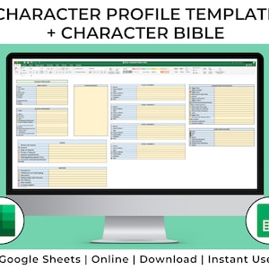 Character Profile Template for Authors - Book Character Bible - Excel/Google Sheet/Gsheet - Book Writing Planner Workbook and Organiser 2024