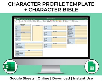 Modèle de profil de personnage pour les auteurs - Bible des personnages du livre - feuille Excel/Google/Gsheet - classeur et organiseur d'écriture de livre 2024