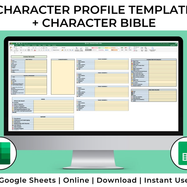 Character Profile Template for Authors - Book Character Bible - Excel/Google Sheet/Gsheet - Book Writing Planner Workbook and Organiser 2024