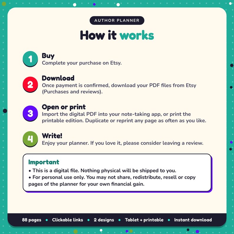 How it works: buy, download the PDF files from Etsy, open in your note-taking app or print. Digital file for personal use, nothing is shipped