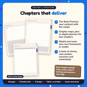 Chapters that deliver: Nonfiction Book Planner pages. The Book Promise: your contract with the reader; Chapter maps, plus in-depth planners for four chapters; Sketch and name your own framework or model