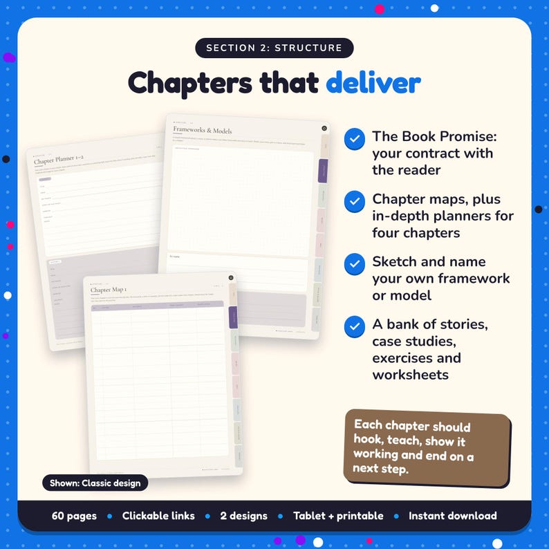 Chapters that deliver: Nonfiction Book Planner pages. The Book Promise: your contract with the reader; Chapter maps, plus in-depth planners for four chapters; Sketch and name your own framework or model