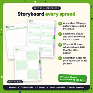 Storyboard every spread: Picture Book Writing Planner pages. A standard 32-page picture book, spread by spread; Sketch the picture and draft the words for each spread; Words & Pictures: what each one tells that the other doesn't