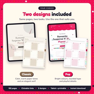 Two designs included with the Romantic Suspense Writing Planner: Classic and Pop