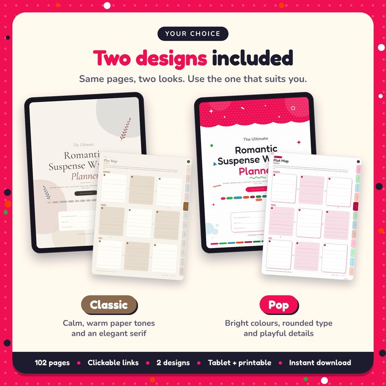 Two designs included with the Romantic Suspense Writing Planner: Classic and Pop