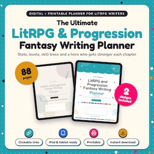 The Ultimate LitRPG & Progression Fantasy Writing Planner shown on two tablets in Classic and Pop designs: 88 pages, clickable links, iPad and tablet ready, printable, instant download