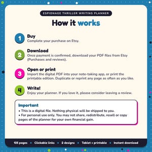 How it works: buy, download the PDF files from Etsy, open in your note-taking app or print. Digital file for personal use, nothing is shipped