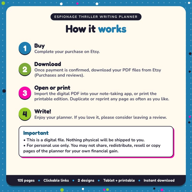 How it works: buy, download the PDF files from Etsy, open in your note-taking app or print. Digital file for personal use, nothing is shipped
