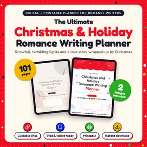 The Ultimate Christmas & Holiday Romance Writing Planner shown on two tablets in Classic and Pop designs: 101 pages, clickable links, iPad and tablet ready, printable, instant download