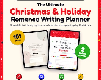 May include: A digital and printable planner for romance writers titled The Ultimate Christmas & Holiday Romance Writing Planner. It features two design variations, 101 pages, clickable links, and is compatible with tablets and printers.