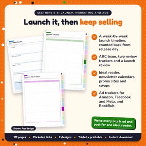 Launch it, then keep selling: Self-Publishing Planner pages. A week-by-week launch timeline, counted back from release day; ARC team, two review trackers and a launch review; Ideal reader, newsletter calendars, promo sites and swaps