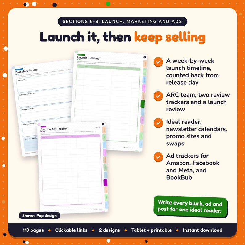 Launch it, then keep selling: Self-Publishing Planner pages. A week-by-week launch timeline, counted back from release day; ARC team, two review trackers and a launch review; Ideal reader, newsletter calendars, promo sites and swaps