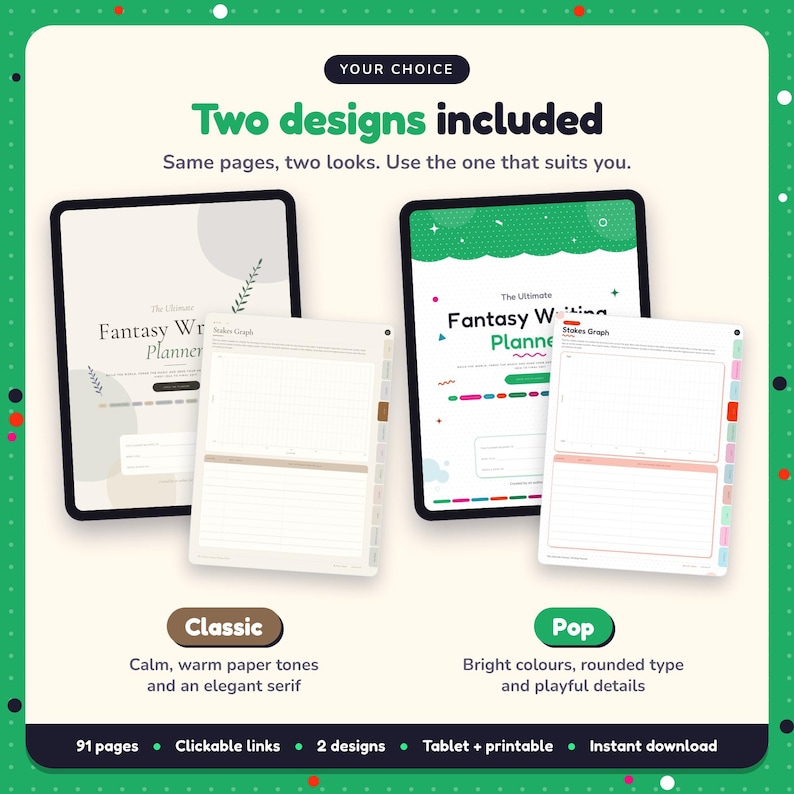 Two designs included with the Fantasy Writing Planner: Classic and Pop