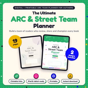 The Ultimate ARC & Street Team Planner shown on two tablets in Classic and Pop designs: 19 pages, clickable links, iPad and tablet ready, printable, instant download