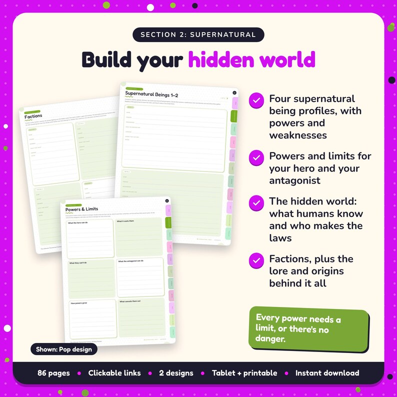 Build your hidden world: Paranormal Fantasy Writing Planner pages. Four supernatural being profiles, with powers and weaknesses; Powers and limits for your hero and your antagonist; The hidden world: what humans know and who makes the laws