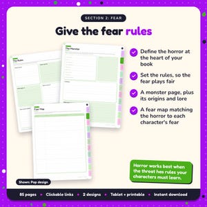 Give the fear rules: Horror Writing Planner pages. Define the horror at the heart of your book; Set the rules, so the fear plays fair; A monster page, plus its origins and lore
