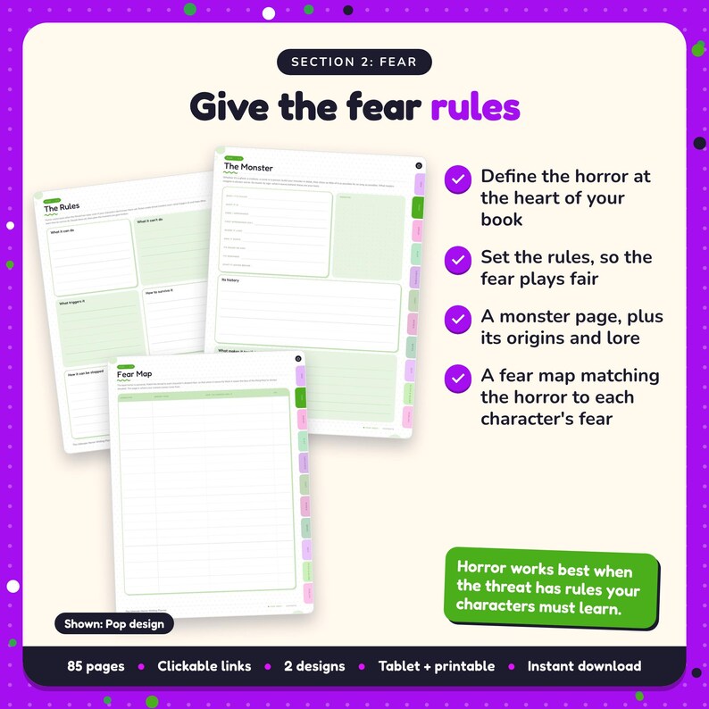 Give the fear rules: Horror Writing Planner pages. Define the horror at the heart of your book; Set the rules, so the fear plays fair; A monster page, plus its origins and lore