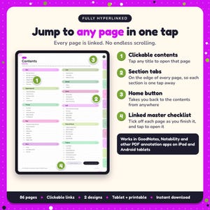 Hyperlinked contents page of the Paranormal Fantasy Writing Planner, with clickable contents, section tabs, home button and linked master checklist for GoodNotes and Notability