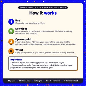 How it works: buy, download the PDF files from Etsy, open in your note-taking app or print. Digital file for personal use, nothing is shipped