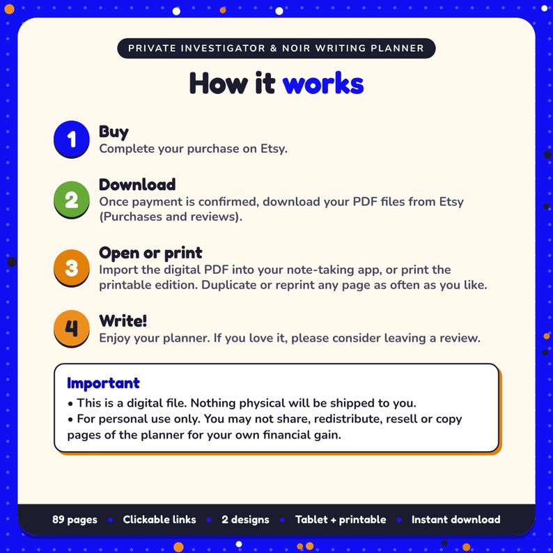How it works: buy, download the PDF files from Etsy, open in your note-taking app or print. Digital file for personal use, nothing is shipped