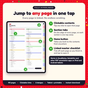 Hyperlinked contents page of the Christmas & Holiday Romance Writing Planner, with clickable contents, section tabs, home button and linked master checklist for GoodNotes and Notability