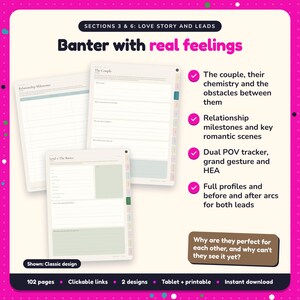 Banter with real feelings: Romantic Comedy Writing Planner pages. The couple, their chemistry and the obstacles between them; Relationship milestones and key romantic scenes; Dual POV tracker, grand gesture and HEA