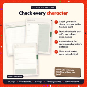 Check every character: Self-Editing Workbook pages. Check your main character's arc in the finished draft; Track the details that drift: eye colour, ages, names; A voice check for each main character's dialogue