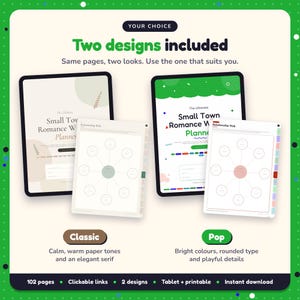 Two designs included with the Small Town Romance Writing Planner: Classic and Pop