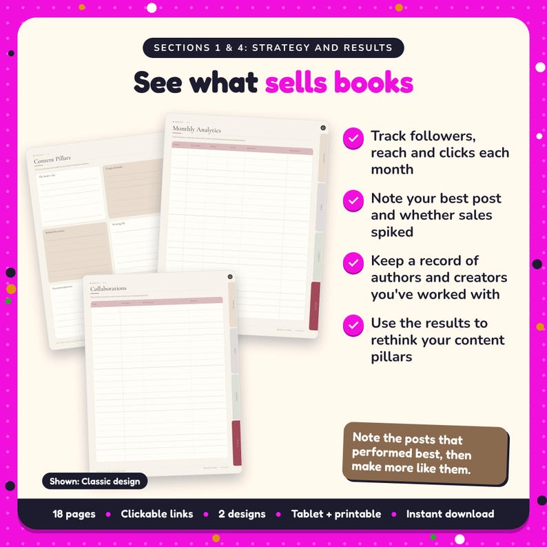 See what sells books: Author Social Media Planner pages. Track followers, reach and clicks each month; Note your best post and whether sales spiked; Keep a record of authors and creators you've worked with
