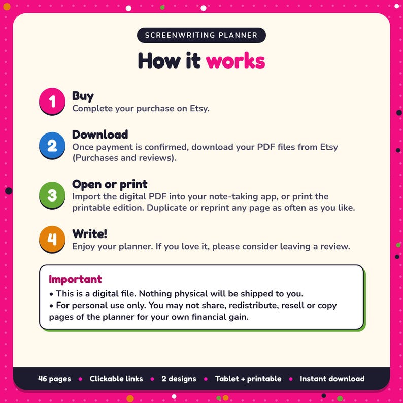 How it works: buy, download the PDF files from Etsy, open in your note-taking app or print. Digital file for personal use, nothing is shipped