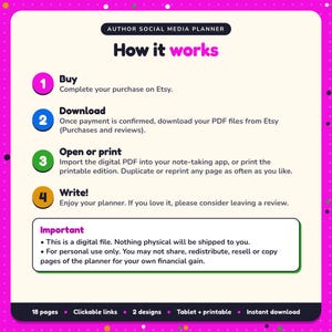 How it works: buy, download the PDF files from Etsy, open in your note-taking app or print. Digital file for personal use, nothing is shipped