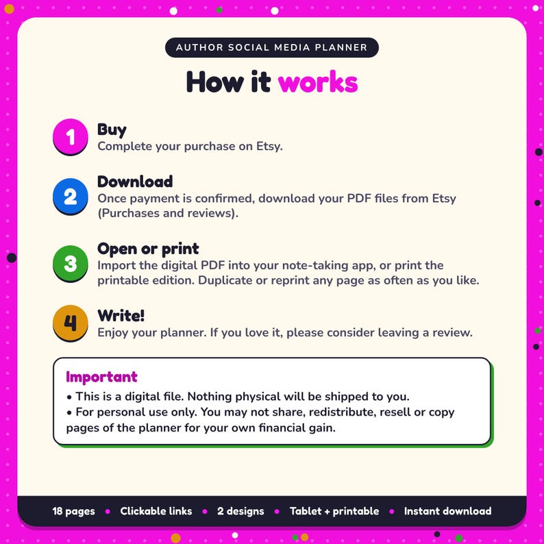 How it works: buy, download the PDF files from Etsy, open in your note-taking app or print. Digital file for personal use, nothing is shipped