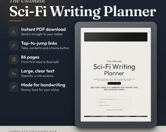 Könnte beinhalten: Ein digitales Tablet mit dem The Ultimate Sci-Fi Writing Planner, einer 86-seitigen Vorlage für E-Ink-Geräte. Der Bildschirm zeigt eine Titelseite mit Feldern für Buchtitel und Serie, konzipiert für reMarkable und Kindle Scribe Tablets.